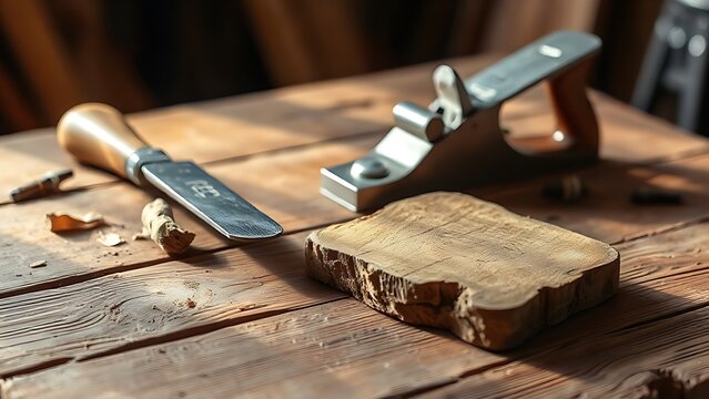 A rustic wooden workbench with carpentry tools and an unfinished wood piece.