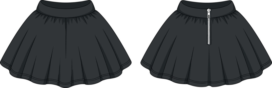 Vector technical flat sketch of a black pleated skater skirt with front zipper detail, fashion design mockup template for apparel tech packs and illustrationsArt & Illustration