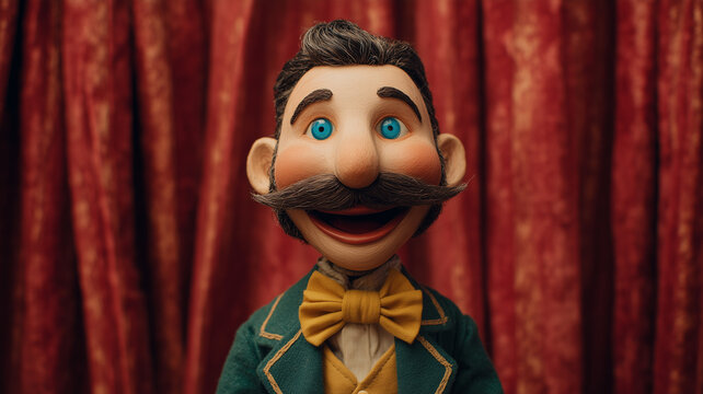 A male puppet character is depicted in a headshot, with a cartoonish and exaggerated style. he has a very broad smile, his tongue. Ai generated