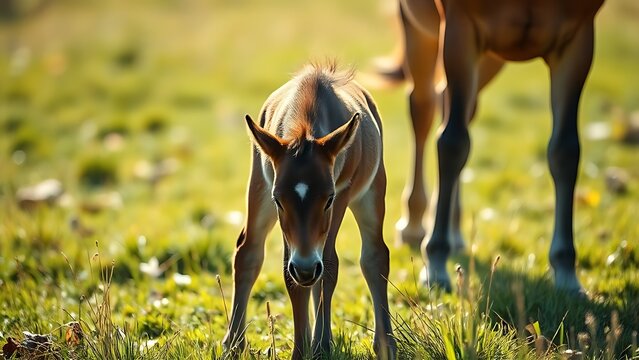 A foal nibbling grass with its mother in a sunlit meadow.