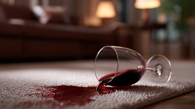 Spilled red beverage on a light-colored carpet in a dimly lit living room, showcasing an accidental mess and the need for cleaning