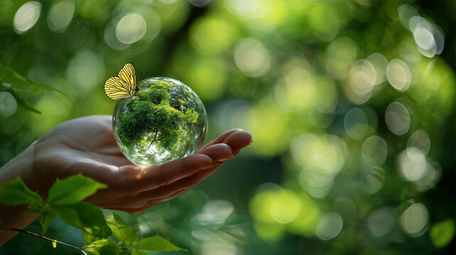 A vibrant, high angle outdoor shot on a sunny day shows a right hand with the palm facing upward, holding a clear glass globe that appears to contain a small. Ai generated