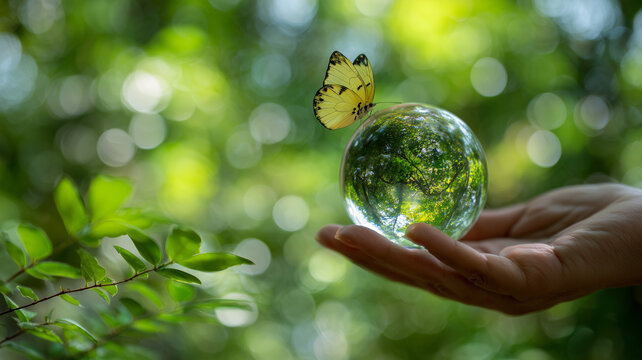A vibrant, high angle outdoor shot on a sunny day shows a right hand with the palm facing upward, holding a clear glass globe that appears to contain a small. Ai generated