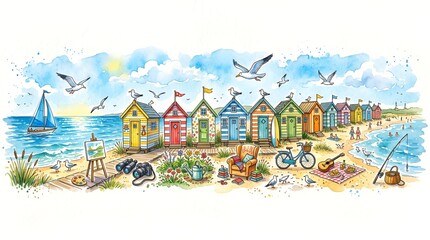 Obraz premium Colorful Beach Huts Lineup, Seaside Village Scene with Seagulls, Sailing Boat, and Beach Activities