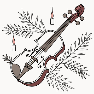 illustrated violin with winter foliage and burning candles decorative line art style