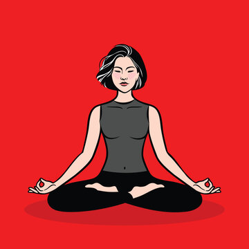 Vector illustration of a calm woman practicing yoga meditation in lotus pose. Minimalist flat design for wellness, mindfulness, mental health, and zen lifestyle concepts.