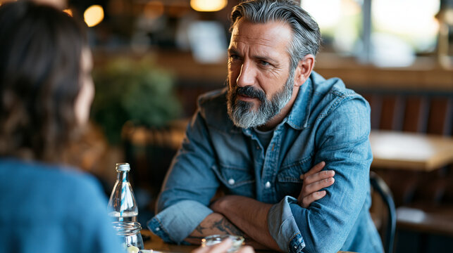 Guarded first date at a cafe with a man over 35 and a woman, cautious conversation and crossed arms, realistic photorealistic premium mood