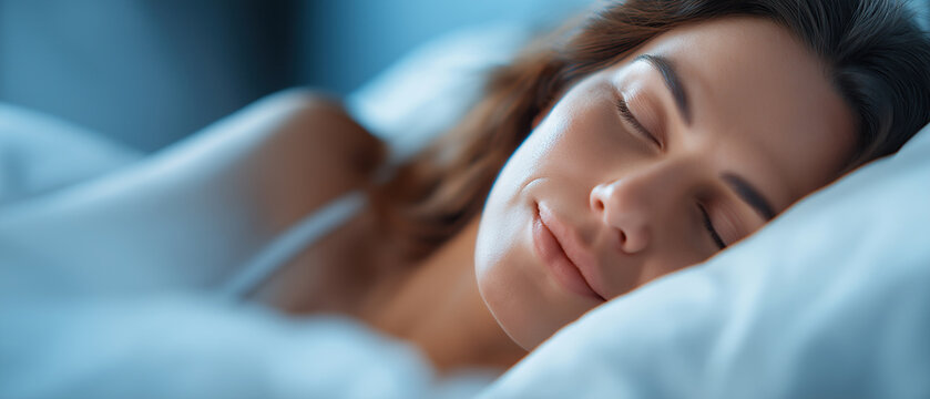  Serene brunette rests peacefully against soft white pillows bathed in calming blue bedroom light.