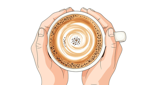 Top view of two hands holding a cup of coffee with latte art