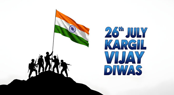 Kargil vijay diwas illustration with indian soldiers silhouetted against the national flag isolated on transparent background