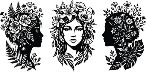 Obraz premium Three black and white floral head silhouettes isolated on transparent background