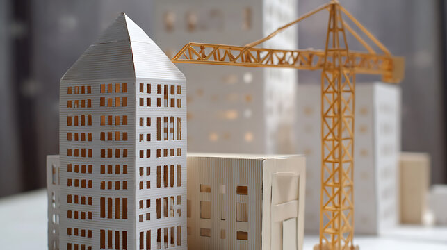 Miniature Paper Cityscape with Tall Buildings and Construction Crane, Representing Urban Development and Architecture Planning Mockup