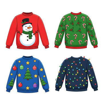 Four distinct, brightly colored, ugly christmas sweaters in a 2x2 flat lay vector cartoon illustration, featuring bold outlines on a transparent background. Holiday tradition concept