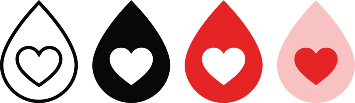 Four blood drop heart icons outline black red and pink isolated on transparent background