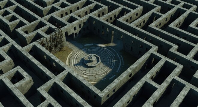 Aerial view of an intricate stone maze with a central courtyard featuring a circular structure and trees under sunlight.