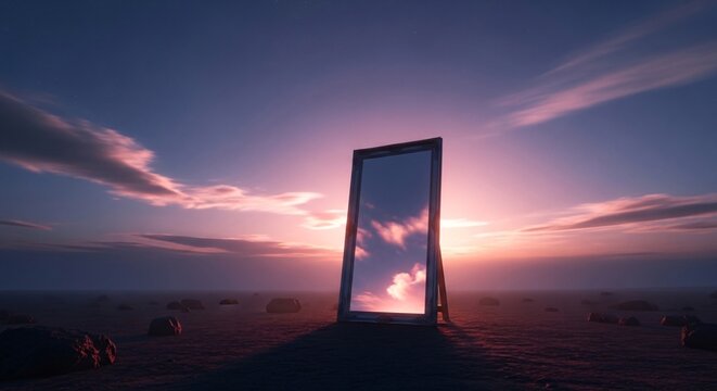 A tall mirror standing alone on a desert at sunset