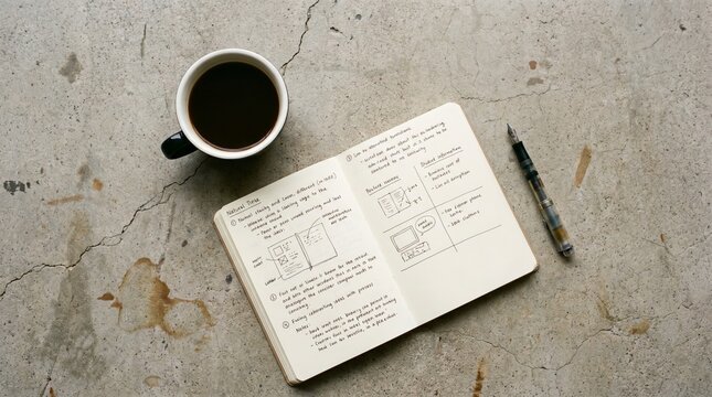 Overhead view of notebook with handwritten notes, coffee cup and pen on concrete surface