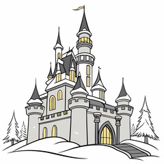 detailed fairytale castle illustration with turrets and snow covered landscape on a white background © sabrina1122