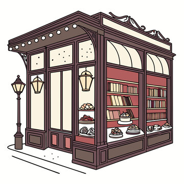 illustrated bookstore and caf storefront with pastries and books warm color palette