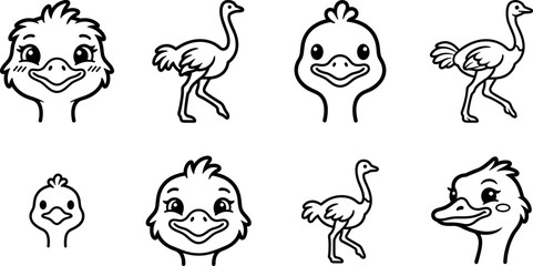 Cute Ostrich Face Avatar and Full Body Walking Line Icon Set Featuring Happy Smiling Cartoon Emu Heads and Wildlife Safari Animal Vectors for Coloring Books © MSTFarjana