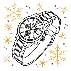 Fototapeta premium line art wristwatch with detailed face surrounded by golden snowflakes on a white background