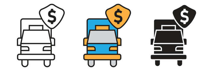 Police or Emergency Car Icon with Dollar Shield. Public safety vehicle municipal budget icon set featuring a police patrol car with a financial dollar shield. © sunaerih
