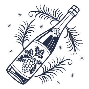 wine bottle illustration with grape leaves and pine branches vintage style graphic