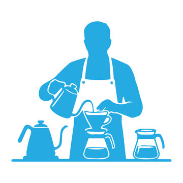 Silhouette of a male barista pouring hot water from a gooseneck kettle for v60 hand brew coffee