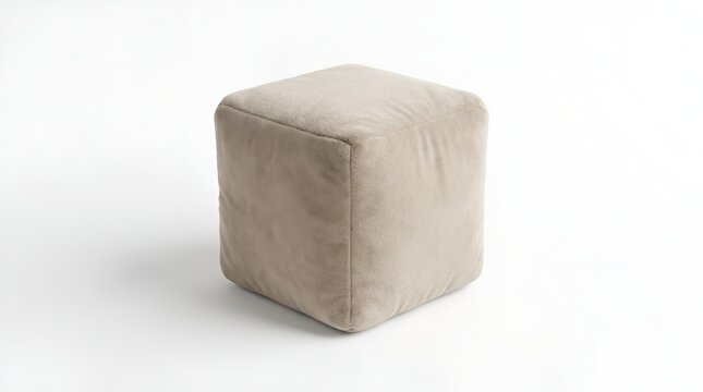 Beige Cube Ottoman on White Background