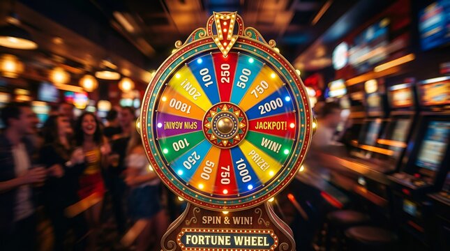 Colorful Fortune Wheel in a Casino with Blurred People and Slot Machines