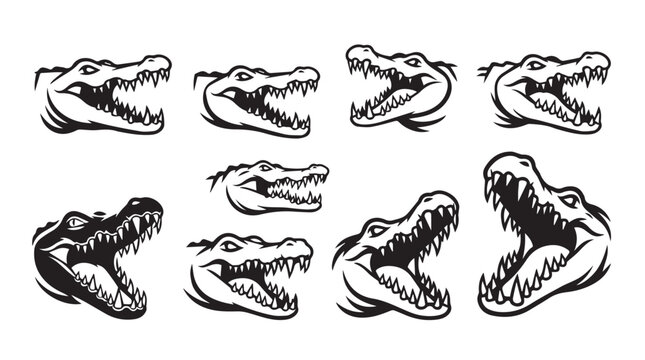 Collection of stylized alligator head illustrations with open jaws and sharp teeth in a graphic black and white style