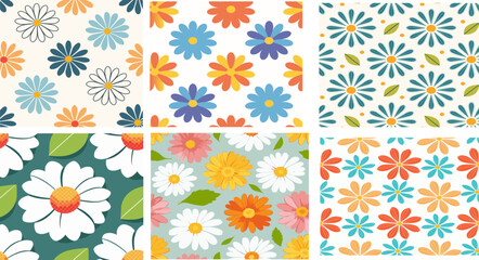 Obraz premium A set of six modern daisy patterns featuring varied petal shapes, colorful centers, and optional green leaves. Includes multiple styles and color combinations for versatile design use.