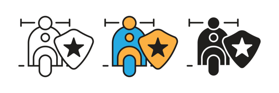 Scooter with Shield Icon set. Scooter vector icon with star shield representing safe delivery, rider insurance, security, and transport protection.
