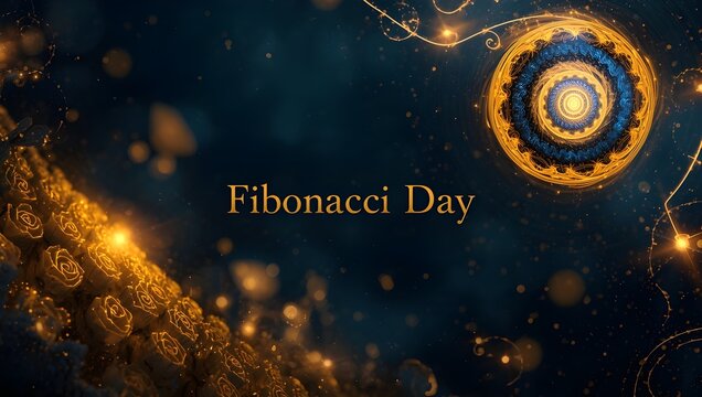 Golden Fibonacci sequence spiral on dark blue bokeh background for math day