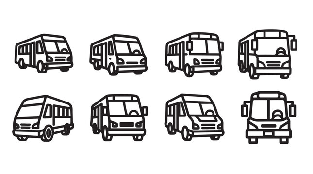 Diverse van and minibus collection in clean line art style on white background for transportation concepts