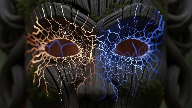 Mystic Mask with Electrical Energy Emanating from Eyes, Fantasy Concept.