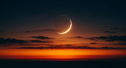 Fototapeta premium Crescent moon shining in a colorful sunset sky