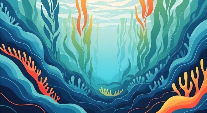 Photo of vibrant underwater scene with colorful kelp forests and marine life