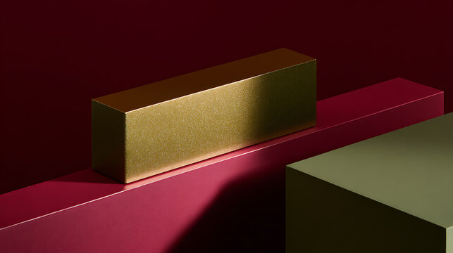 Abstract Geometric Composition with Gold and Earth Tones: Modern Art Piece Featuring Rectangular Prisms and Contrasting Hues