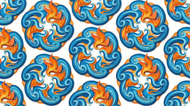Seamless circular abstract pattern combining ocean waves and fire swirls in colorful decorative style.