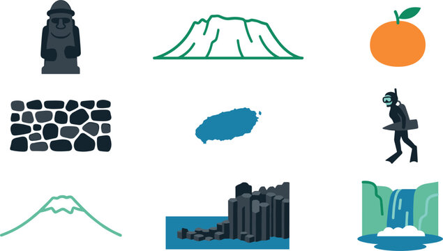 Jeju Island South Korea Travel Icon Set Featuring Dol Hareubang Stone Statue Hallasan Mountain Tangerine Haenyeo Diver Basalt Cliff and Waterfall Elements