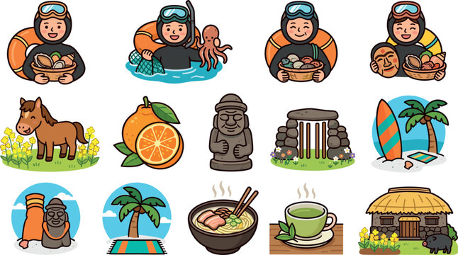 Jeju Island South Korea Travel Cartoon Mascot Icon Set Featuring Haenyeo Female Divers Dol Hareubang Statue Tangerine Local Noodles Horse and Traditional House