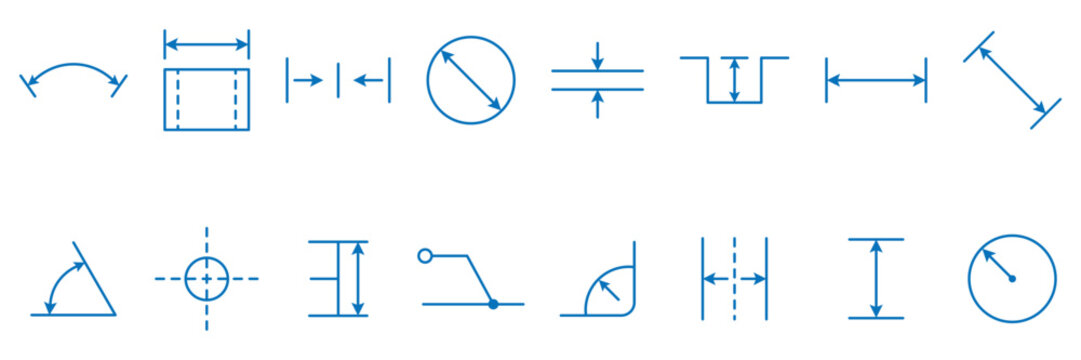 Measurement and dimension blue icon set. Technical drawing symbols, engineering indicators, size lines, angle, diameter, radius and blueprint markings.