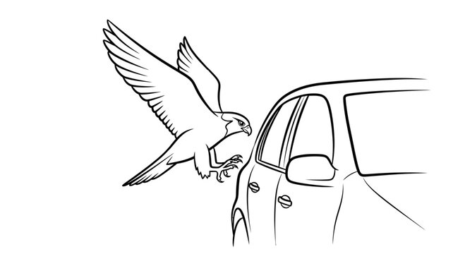 Hawk attacking car door, bird of prey swooping down on vehicle, wildlife encounter