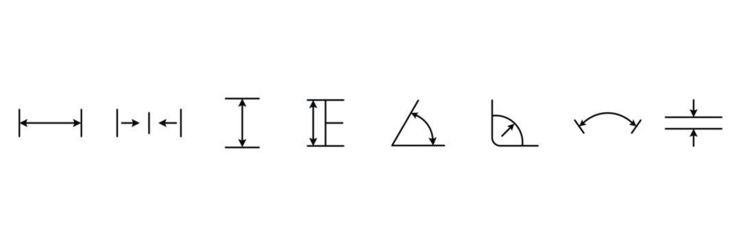 Vector illustration of engineering blueprint symbols for dimensioning including linear vertical horizontal angular arc radius and thickness measurement indicator lines.