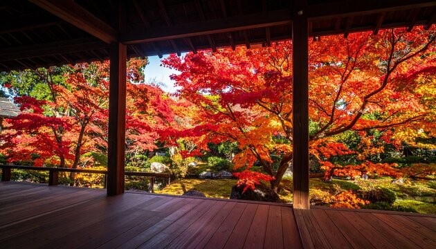 深い陰影の縁側から眺める光り輝く紅葉の日本庭園の風景