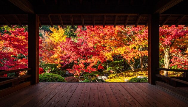 深い陰影の縁側から眺める光り輝く紅葉の日本庭園の風景