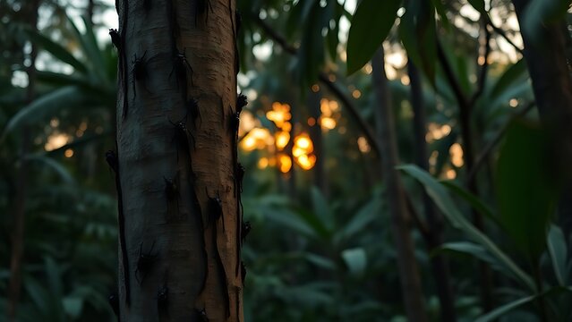 Dense tropical rainforest at dusk with cicada silhouettes.