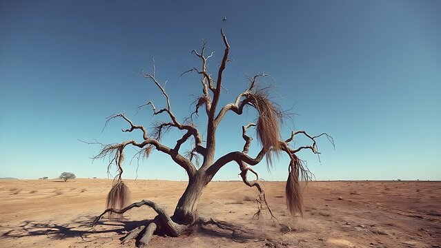 A single withered tree under a dry sky with parched earth below.