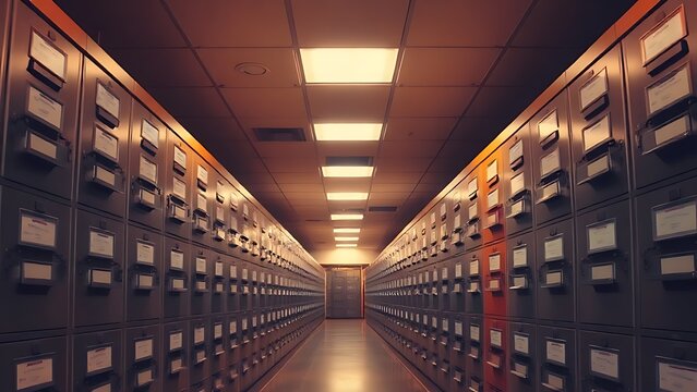 A long view of a law firm archives room with rows of filing cabinets.
